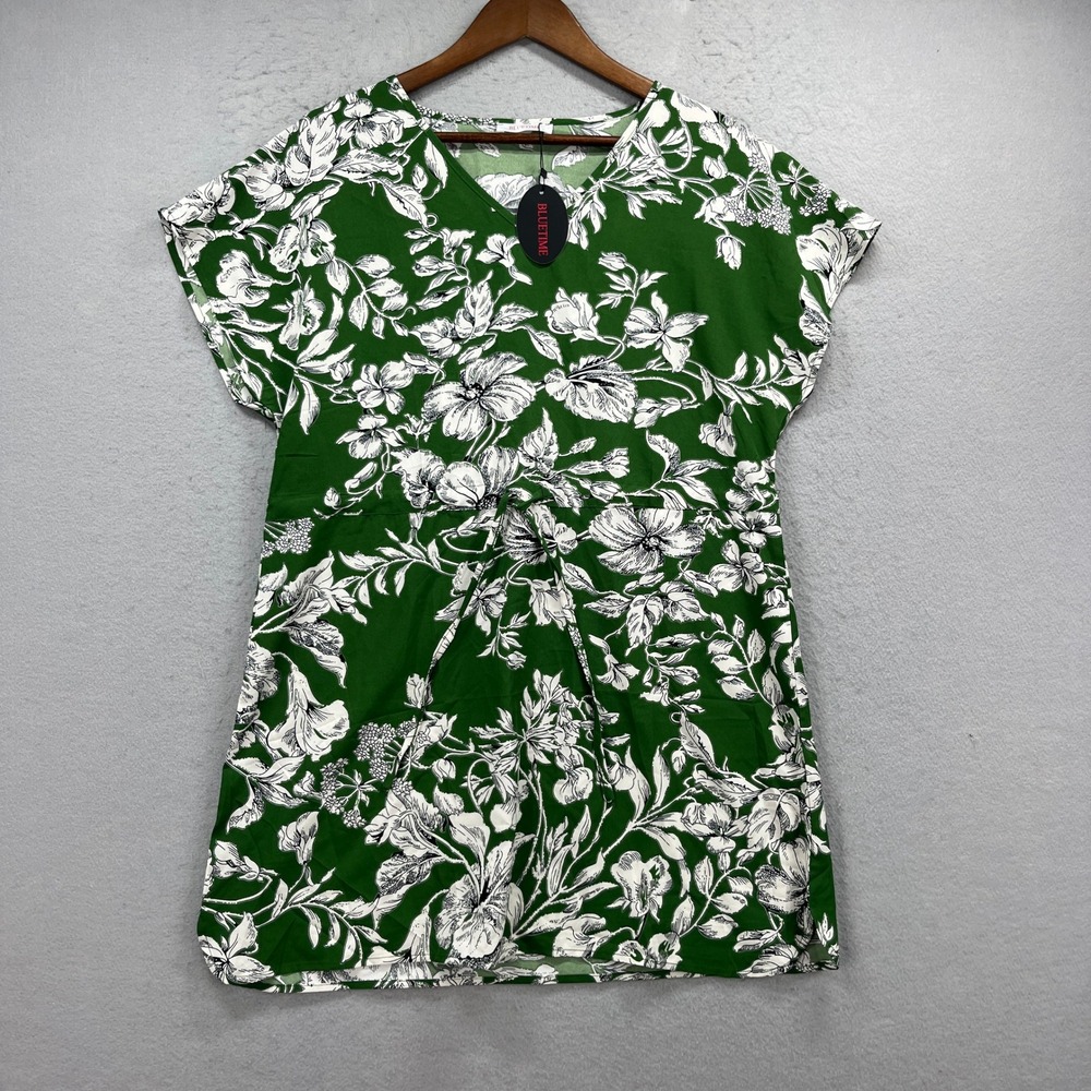BLUETIME Tunic Top Womens Medium Green Floral V-Neck Short Sleeve Tie Waist Boho